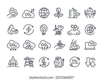Co2, carbon line icons. contains such icons as tree planting, net zero, and reduced carbon dioxide. sustainable development. concepts and renewable energy businesses. vector design.