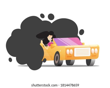 Contaminación por CO2 de carbono y vector de nube de emisiones del concepto de vehículo de automóvil, humo de escape de dióxido de automóvil e ilustración de conducción por persona, signo de contaminación del aire aislado en blanco