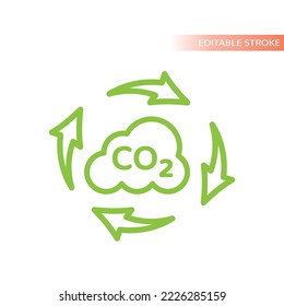 Co2 cloud and arrows line vector icon. Carbon dioxide pollution cycle outlined symbol.