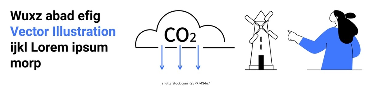 A CO2 cloud diagram with arrows, a windmill, and a person symbolizes sustainable energy solutions and carbon reduction. Ideal for climate change, renewable energy, environment, education, science