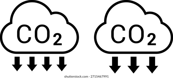 Conjunto de ícones de emissão e absorção de CO2 na nuvem, reduzindo as emissões de CO2 na coleção de ícones vetoriais