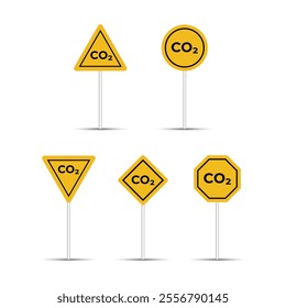 Co2 danger and caution road sign are isolated on a white background. Carbon dioxide gas warning sign. Five different shapes of Carbon dioxide gas road signs. Co2 hazard zone for mills and factories.