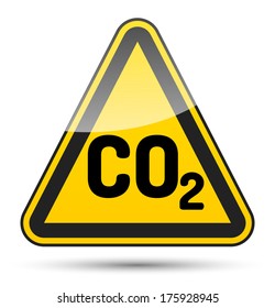 CO2 danger triangle sign with black border, reflection and shadow on white background