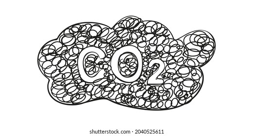 CO2 Dark Cloud Chaotic Hand Drawn Scribble Doodle, Air Pollution, Carbon Dioxide Formula On Sketched Cloud Vector Illustration Isolated On White Background