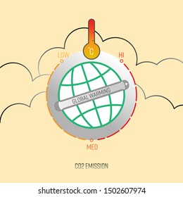 CO2 emission causing global warming. Oven button adjusted to high temperature as a gimmick for global warming. Vector illustration outline flat design style.