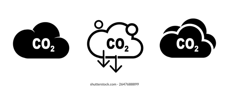 Co2 emission with cloud vector illustration, Reduce co2 gas icon set. carbon reduction cloud sign. cut co2 pictogram. Carbon Dioxide Pollution.  global warming, Reduction Greenhouse CO2 icon.