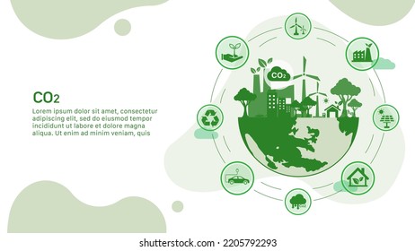 Concepto de emisión de CO2 con icono verde en el círculo para reducir el co2 en el mundo verde con ciudad ecológica. diseño plano, ilustrador vectorial.