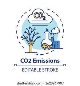 CO2 emission concept icon. Facility and factory production. Chemical pollution. Overconsumption idea thin line illustration. Vector isolated outline RGB color drawing. Editable stroke