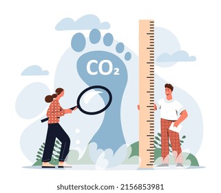 CO2 emission concept. Man with ruler and girl with magnifying glass estimates amount of waste. Concern for nature and responsible society, production control, ecology. Cartoon flat vector illustration