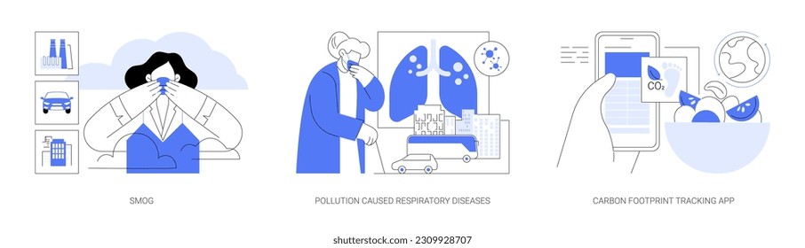 CO2 emission consequences abstract concept vector illustration set. Smog in big city, pollution caused respiratory diseases, carbon footprint tracking app, environmental problem abstract metaphor.