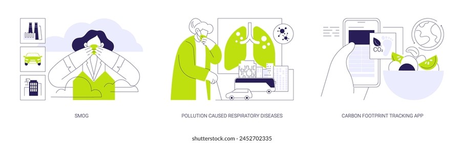 CO2-Emissionsfolgen abstrakte Konzept Vektorillustration Set. Smog in Großstädten, Verschmutzung verursachte Atemwegserkrankungen, CO2-Fußabdruck Tracking App, abstrakte Metapher von Umweltproblemen.