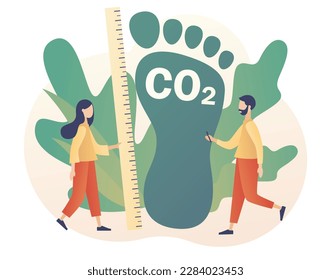 Co2 emission environmental impact concept. Tiny people measure huge carbon footprint pollution. Dangerous dioxide effect on planet ecosystem. Modern flat cartoon style. Vector illustration