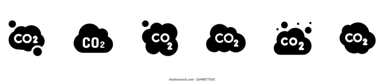 CO2 emission flat icon vector set. CO2 symbol. Reduce co2 gas icon set. Carbon reduction cloud sign. CO2 icons. Vector illustration. 