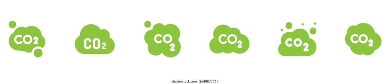 CO2 emission flat icon vector set. CO2 symbol. Reduce co2 gas icon set. Carbon reduction cloud sign. CO2 icons. Vector illustration. 