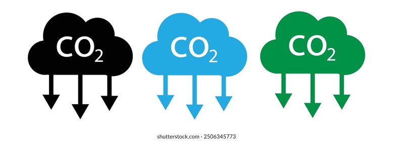 CO2 emission flat vector icons set. Cloud co2 symbol with down arrow vector outline icon set. Reduce carbon dioxide sign concept illustration.