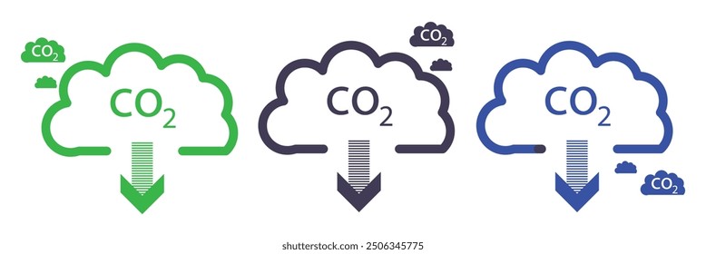 CO2 emission flat vector icons set. Cloud co2 symbol with down arrow vector outline icon set. Reduce carbon dioxide sign concept illustration.