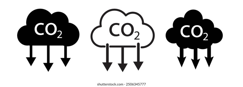 CO2 emission flat vector icons set. Cloud co2 symbol with down arrow vector outline icon set. Reduce carbon dioxide sign concept illustration.