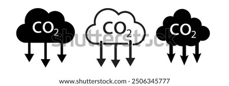 CO2 emission flat vector icons set. Cloud co2 symbol with down arrow vector outline icon set. Reduce carbon dioxide sign concept illustration.