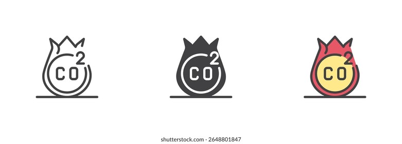 Ícone de emissão de CO2 definido no estilo de vetor de contorno linear, sólido e preenchido. Representa o símbolo ambiental do dióxido de carbono relacionado ao impacto da combustão de petróleo, combustível e gás.