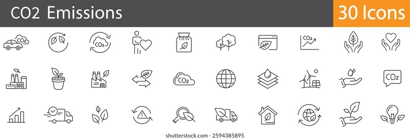 CO2 Emission Line Icons Set. Collection of 30 outline icons representing carbon footprint, air pollution, climate change, greenhouse gases, and environmental impact. Editable stroke 