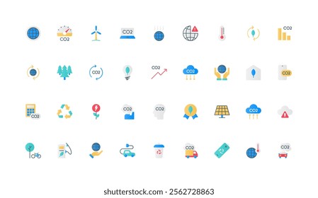 CO2 emission and pollution decrease, global greenhouse gas and exhaust reduction color icon set. Carbon dioxide offset, atmosphere, environmental contamination flat elements vector illustration