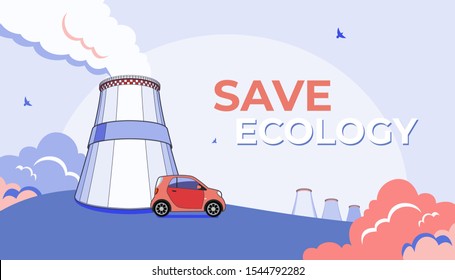 Co2 emission pollution vector illustration. Cooling tower, factory fog and micro car. Vector industrial energy. Smoking cooling tower and car. Smoking pipes, thermal power plant, emission smoke clouds