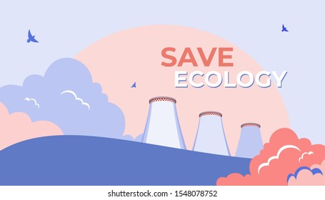 CO2 emission pollution vector illustration. Cooling tower, factory fog, clouds. Vector industrial energy. Smoking cooling tower. Smoking pipes, thermal power plant, emission smoke. Ecology concept.