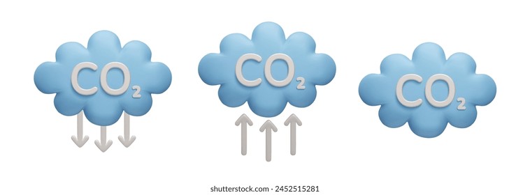 CO2 emission reduction 3D icon set. Blue cartoon style 3D clouds with CO2 label, emission and reduction arrow symbols. Zero carbon footprint, stop global warming, climate change, air pollution concept