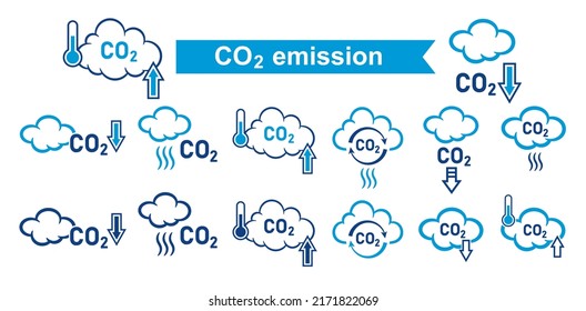 CO2 emission reduction, carbon dioxide greenhouse gas reduce line icon set. Low carbonic smoke air pollution. Smog cloud, combustion product. Atmosphere contamination. Global climate warming. Vector