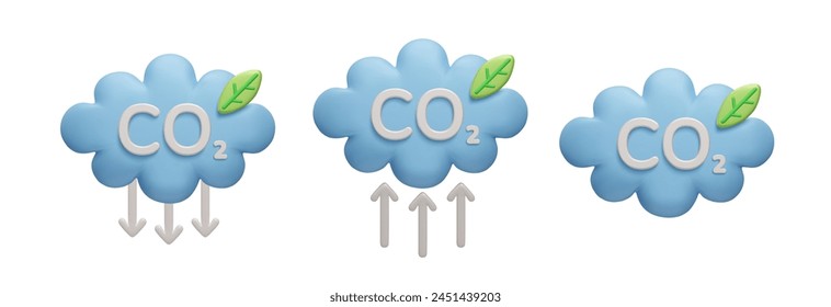 CO2 emission reduction, carbon neutral 3D vector illustration. Zero carbon footprint, carbon credit, CO2 offset eco friendly 3D icon set. Blue cloud with green leaf and CO2 emission reduction arrows.