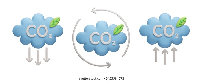 Reducción de emisiones de CO2, conjunto de iconos de Vector 3D neutro en carbono. Cero huella de carbono, detener el efecto invernadero del calentamiento global. Nube de carbón del estilo de la historieta 3D, sistema de Ilustración vectorial neutral del CO2 respetuoso del medio ambiente