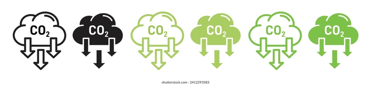 co2 emission reduction cloud vector icon set in black and green color. carbon dioxide neutral symbol. low carbon gas sign.