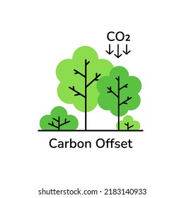 CO2 emission reduction concept art. Linear style tree forest and CO2 symbol sign with looking down arrows. Zero carbon footprint, greenhouse gas emission reduction, co2 neutral. Outline vector icon.