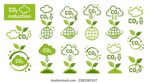 CO2 emission reduction, green plant carbon dioxide recycling, offset, carbonic greenhouse gas reduce icon set. Smoke cloud. Neutral and low level air atmosphere pollution. Clean eco technology. Vector