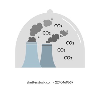 CO2 emission reduction greenhouse effect concept art vector illustration. Power station plant pipes generate greenhouse gas fumes under the glass dome - air pollution concept, carbon footprint.