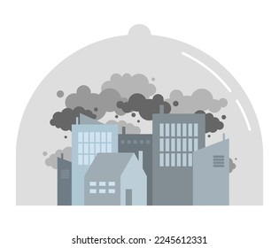 concepto de efecto invernadero de reducción de emisiones de CO2 art. Ciudad llena de nubes de gases de efecto invernadero de carbono bajo la cúpula de vidrio aislada en blanco. Sin huella de carbono, contaminación del aire, cambios climáticos.