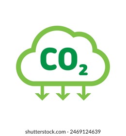 CO2 emission reduction icon. Eco friendly green cloud sign of carbon dioxide gas emission reduction. Zero carbon footprint flat style vector icon. Green ecology environment improvement concept.