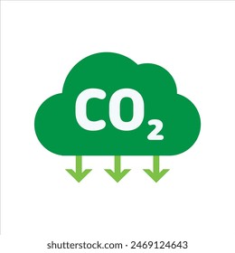 CO2 emission reduction icon. Eco friendly green cloud sign of carbon dioxide gas emission reduction. Zero carbon footprint flat style vector icon. Green ecology environment improvement concept.