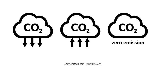 CO2 emission reduction icon set. Zero carbon footprint black silhouette sign, CO2 neutral, ecology environment air pollution protection concept. Carbon offset CO2 gas cloud vector illustration set.