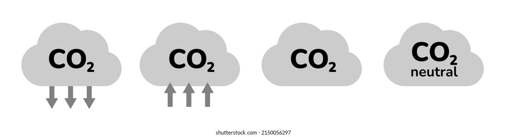 Symbol-Set für die Verringerung der CO2-Emissionen Erderwärmung, Verbesserung der Luftverschmutzung. CO2 Gas Null Fußabdruck, Umweltkonzept. Flaches Vektorgrafik-Cloud-Zertifikat.