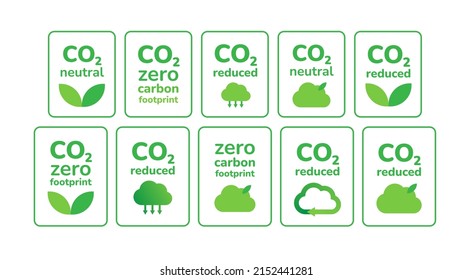 CO2 emission reduction icon set isolated on white. Carbon zero footprint, CO2 neutral, CO2 reduced label certificate for packaging design. Global warming, ecology environment, air pollution vector.