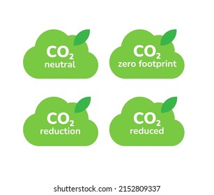 CO2 emission reduction icon set. Zero carbon footprint, CO2 neutral, CO2 reduced packaging design element. Cloud shape greenhouse effect, global warming emblem banner. Flat vector illustration.