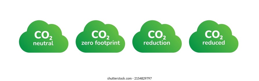 CO2 emission reduction icon set. Green cloud shape gradient signs of zero carbon footprint, CO2 neutral, CO2 reduced package design element. Stop global warming, greenhouse effect gas. Flat vector.