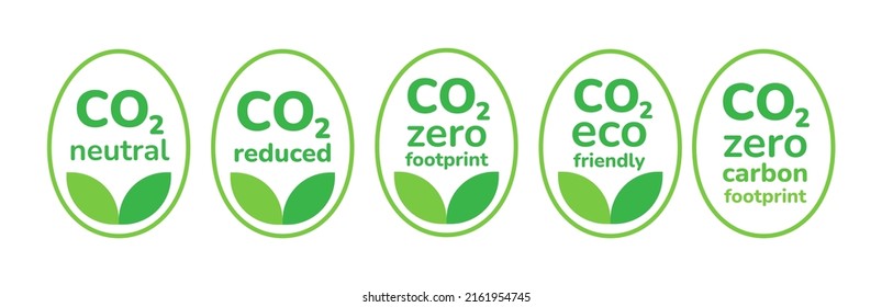 CO2 emission reduction icon set. Zero carbon footprint, CO2 neutral, CO2 reduced package, carbon credit symbol sign. Green eco friendly environment round stickers pack. Flat vector illustration.