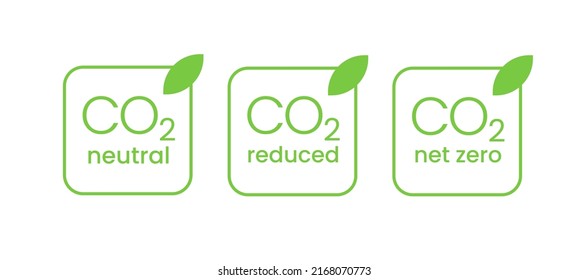 CO2 emission reduction icon set isolated on white. CO2 neutral, CO2 reduced, CO2 zero footprint - square shape eco friendly label symbol sign banner. ESG business design element, SDG vector icon.