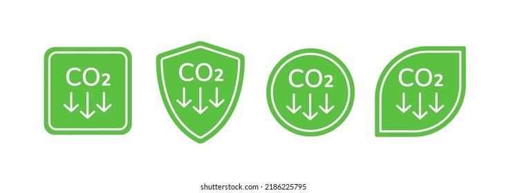 CO2 emission reduction icon set isolated on white. Zero carbon footprint, CO2 neutral label banner decor elements. Stop global warming and climate changes concept. Flat vector illustration.