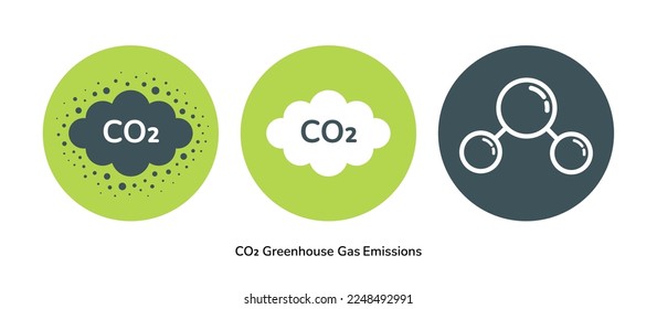 CO2 emission reduction icon set isolated on white. Greenhouse gas clouds, carbon dioxide molecular structure flat style vector banners. Stop global warming, climate changes, zero carbon footprint.