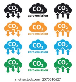 CO2 Emission Reduction Icon Set: Multicolor Zero Emission and Carbon Indicators