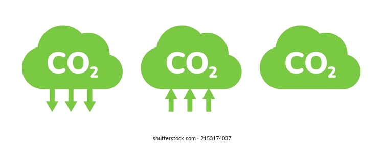 CO2 emission reduction label icon set. CO2 neutral, zero carbon footprint, stop global warming, greenhouse effect. Green ecology environment cloud shape design elements. Flat vector illustration.