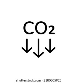 CO2 emission reduction linear black icon isolated on white. CO2 text with looking down arrows symbol sign design element. Zero carbon footprint, CO2 neutral, greenhouse gas emission reduction concept.